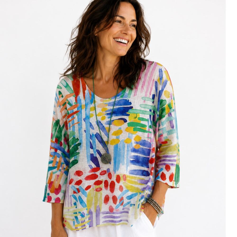 Et 'Lois NEW Fiona Top Womens Large White Multicolor Colorful Swing Casual Tee